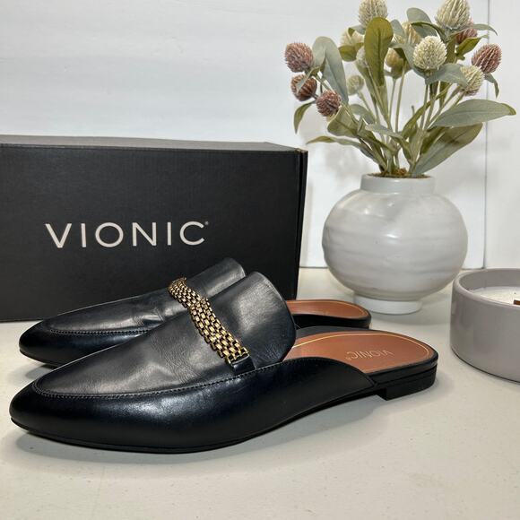 Vionic, Starling Black Leather Slip-On Flat Mule with Arch Support. Women US 9 M - Picture 7 of 14